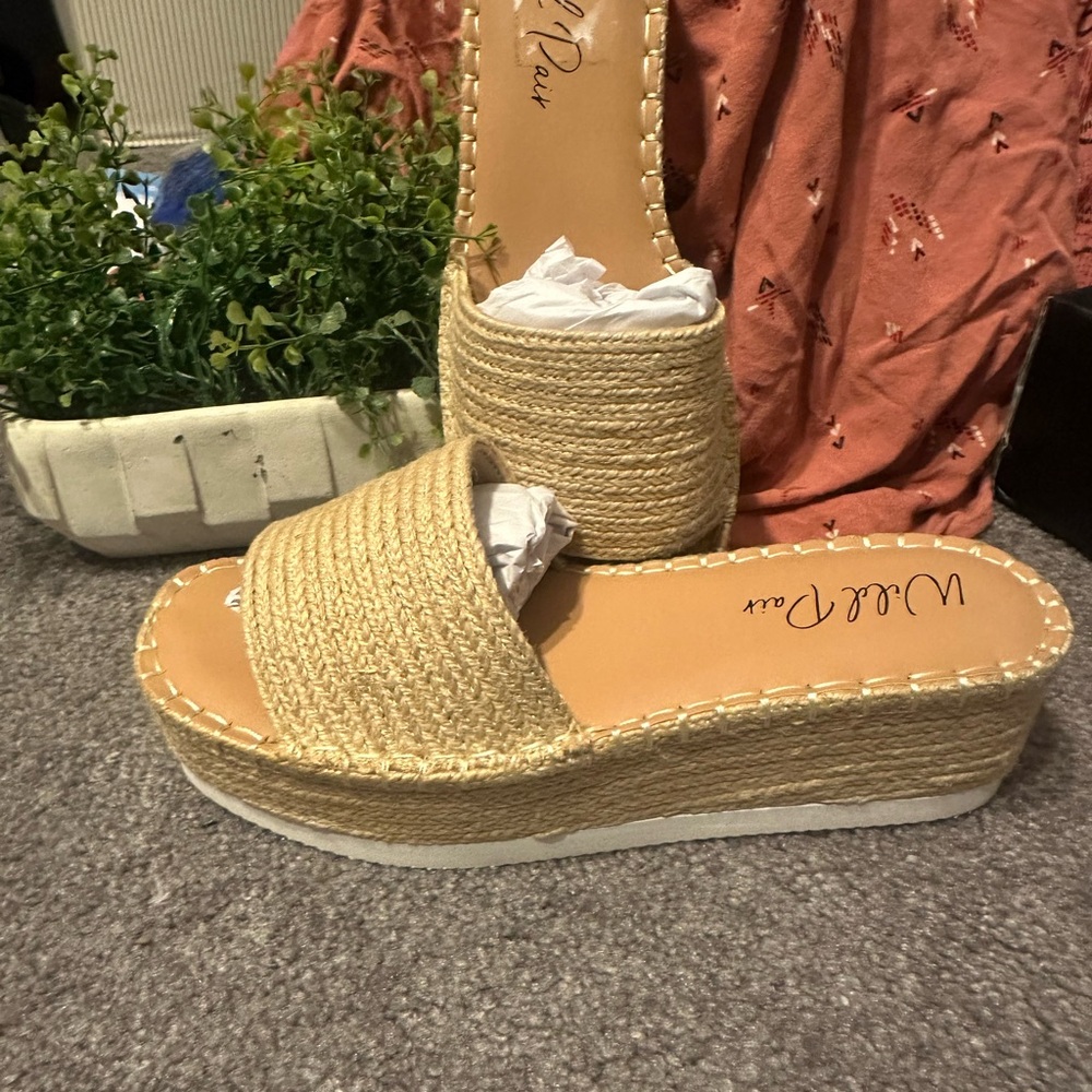 Wild Pair Beige Espadrille Platform Slides